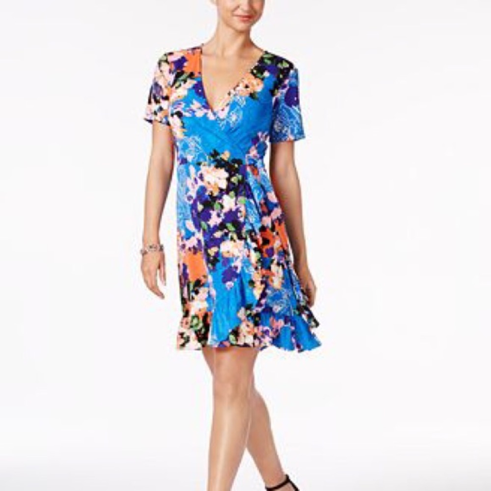 New ECI ruffle faux wrap dress
